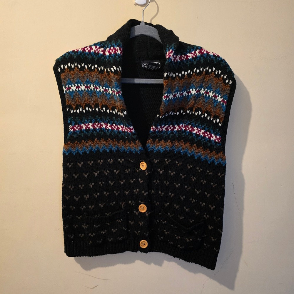 Vintage 90s Gitano Knit Sweater Vest Women Medium Black Fair Isle Shawl Collar